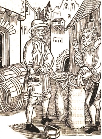 Drzeworyt z końca XV wieku przedstawiający lichwę z Stultifera Navis; Sebastian Brant (1494)