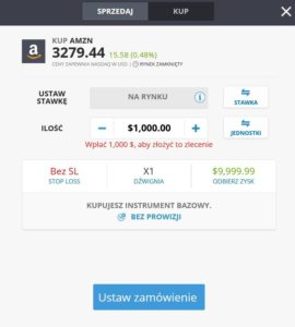 Formularz kupna akcji Amazon na eToro