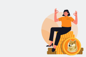 grafika z dziewczyną siedzącą na monetach dogecoin